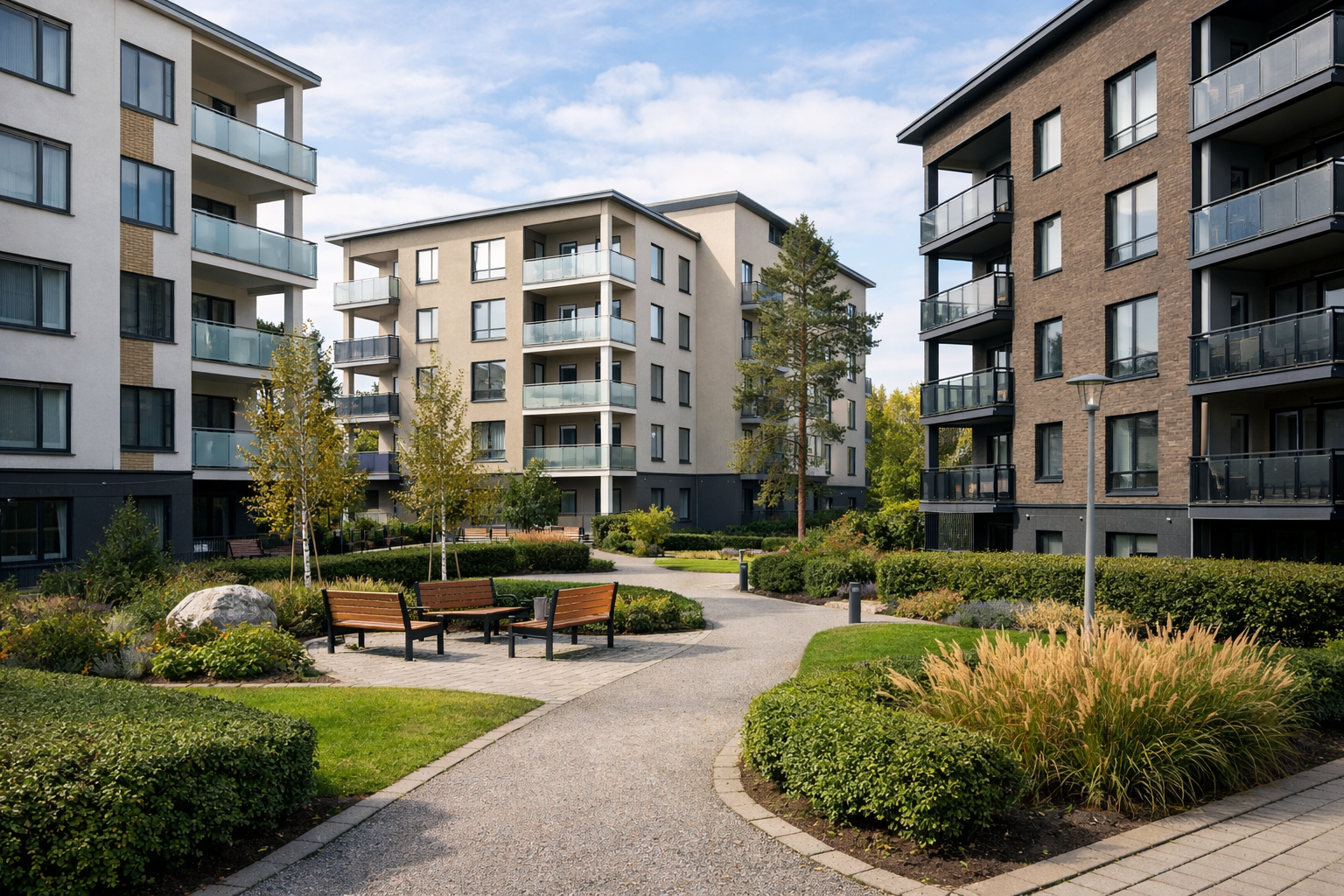 Suomalainen taloyhtiön piha-alue Uudellamaalla